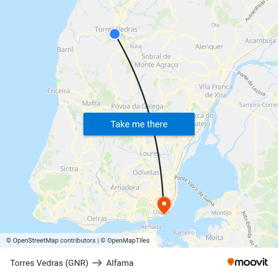 Torres Vedras (GNR) to Alfama map