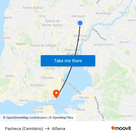 Pacheca (Cemitério) to Alfama map