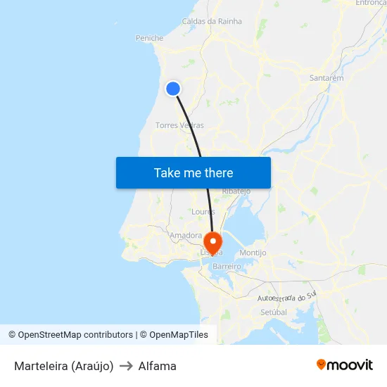 Marteleira (Araújo) to Alfama map