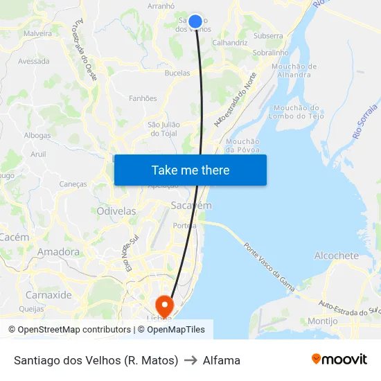 Santiago dos Velhos (R. Matos) to Alfama map