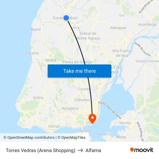 Torres Vedras (Arena Shopping) to Alfama map