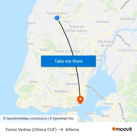 Torres Vedras (Clinica CUF) to Alfama map