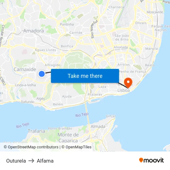 Outurela to Alfama map