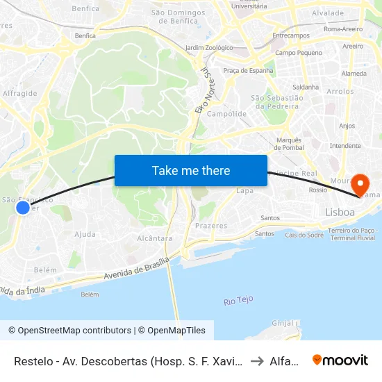 Restelo - Av. Descobertas (Hosp. S. F. Xavier) to Alfama map