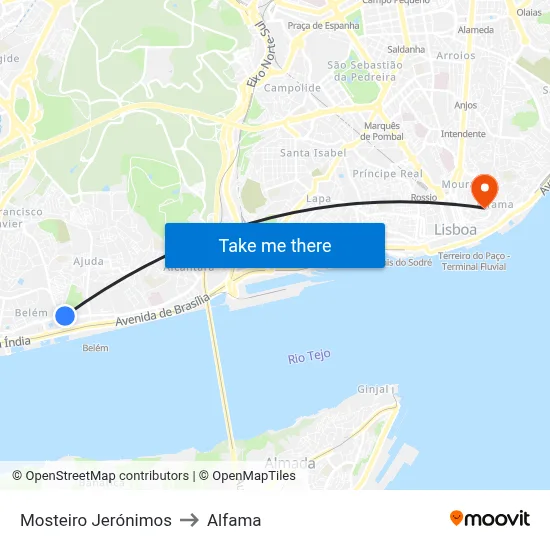 Mosteiro Jerónimos to Alfama map