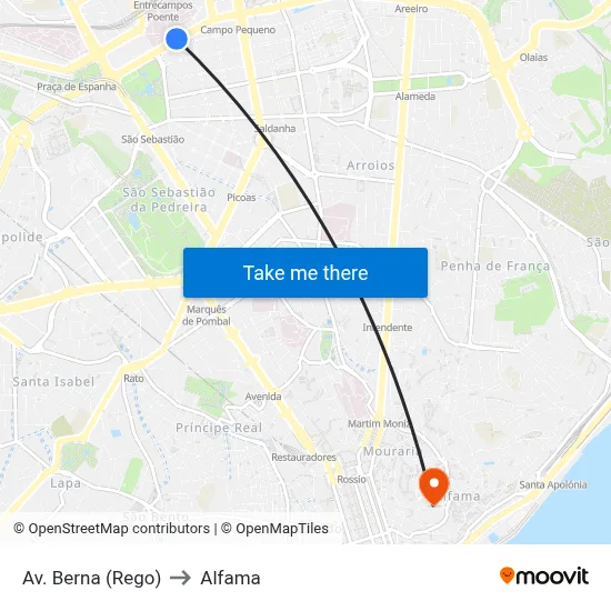 Av. Berna (Rego) to Alfama map