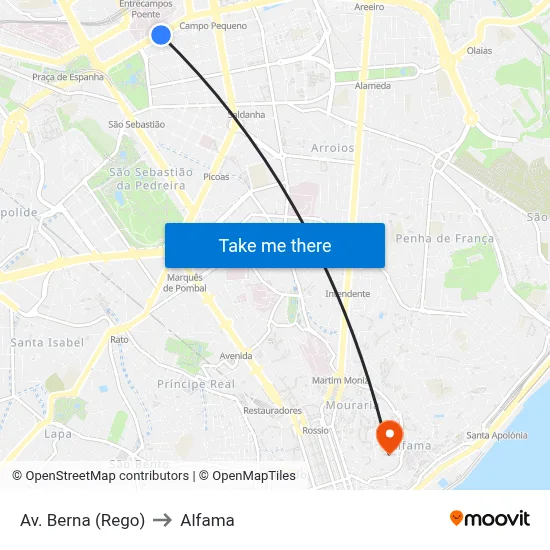 Av. Berna (Rego) to Alfama map