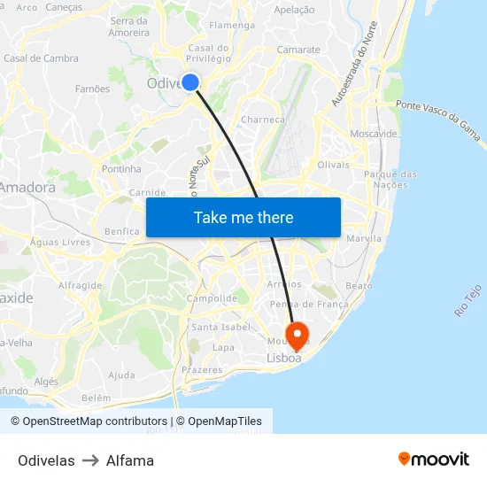 Odivelas to Alfama map