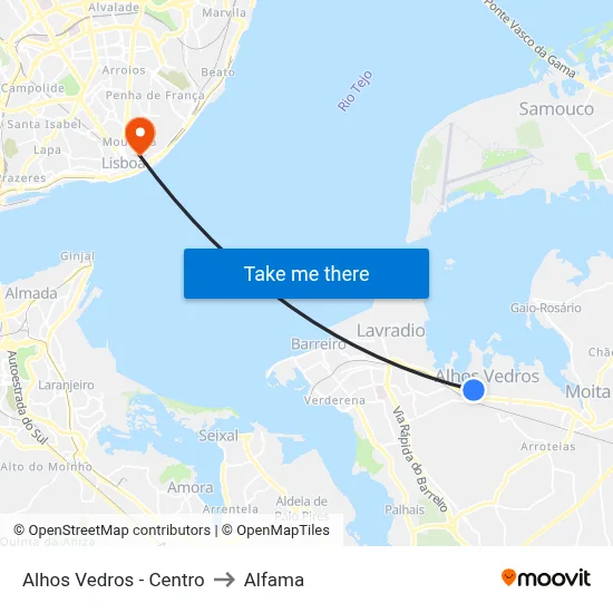 Alhos Vedros - Centro to Alfama map