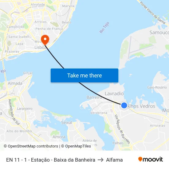 EN 11 - 1 - Estação - Baixa da Banheira to Alfama map