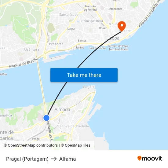 Pragal (Portagem) to Alfama map