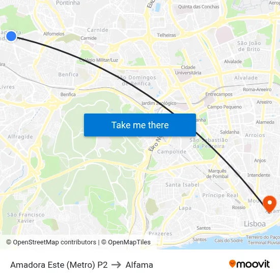 Amadora Este (Metro) P2 to Alfama map