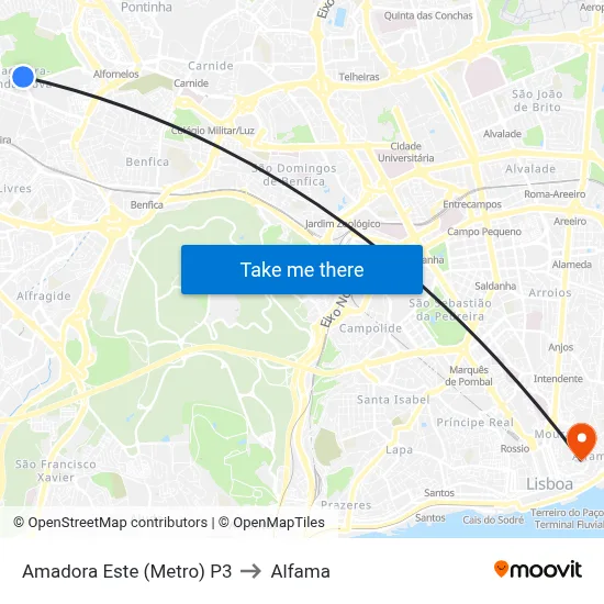 Amadora Este (Metro) P3 to Alfama map