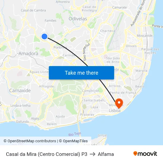 Casal da Mira (Centro Comercial) P3 to Alfama map