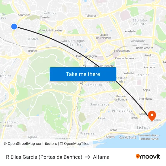 R Elias Garcia (Portas de Benfica) to Alfama map