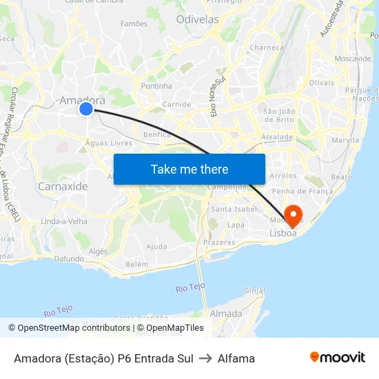 Amadora (Estação) P6 Entrada Sul to Alfama map