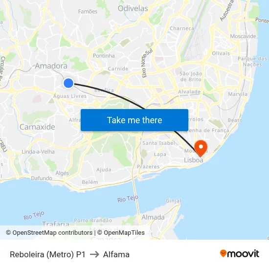 Reboleira (Metro) P1 to Alfama map