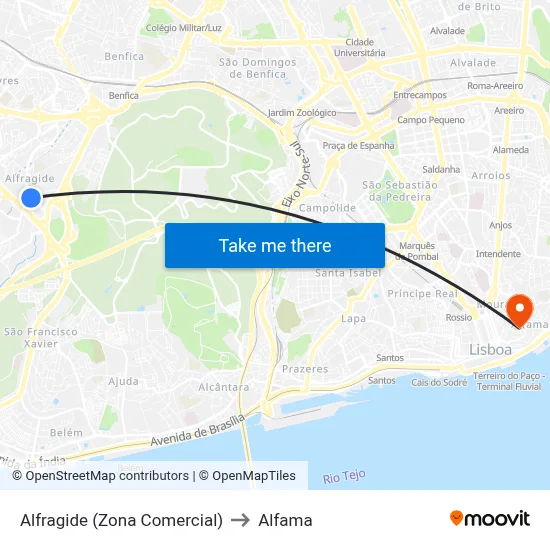 Alfragide (Zona Comercial) to Alfama map