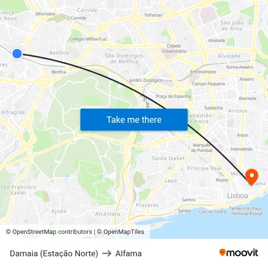 Damaia (Estação Norte) to Alfama map