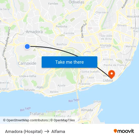 Amadora (Hospital) to Alfama map