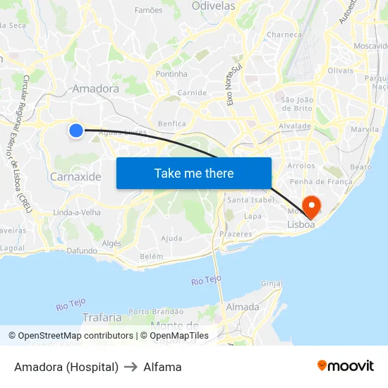 Amadora (Hospital) to Alfama map