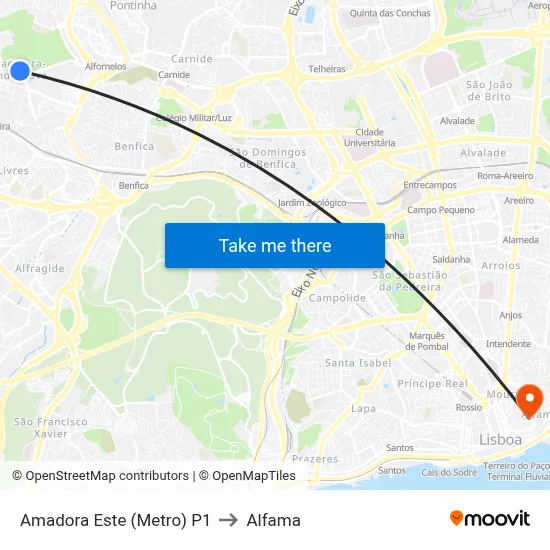 Amadora Este (Metro) P1 to Alfama map