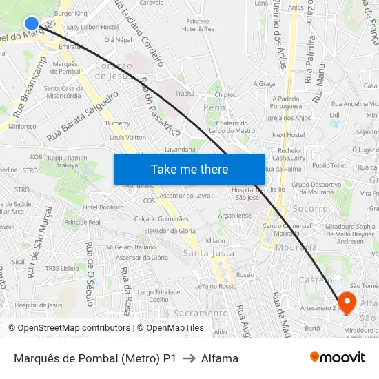 Marquês de Pombal (Metro) P1 to Alfama map