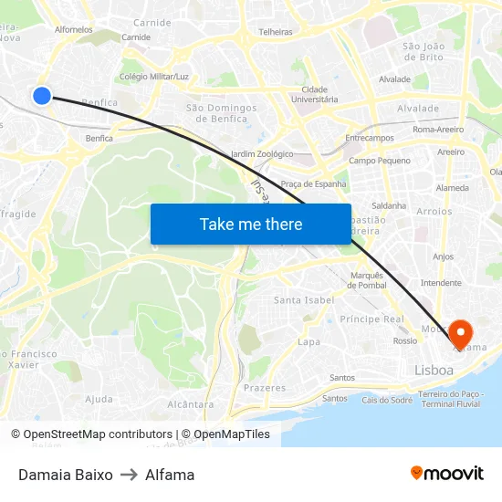 Damaia Baixo to Alfama map