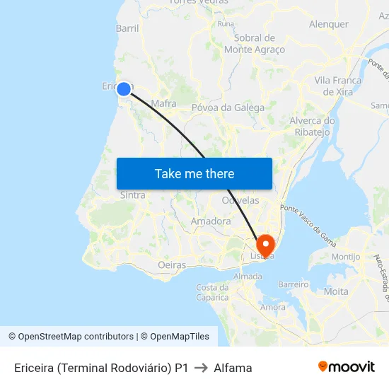 Ericeira (Terminal Rodoviário) P1 to Alfama map