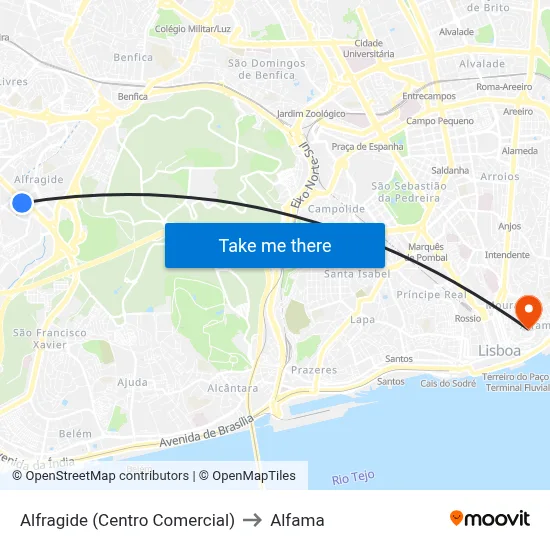 Alfragide (Centro Comercial) to Alfama map