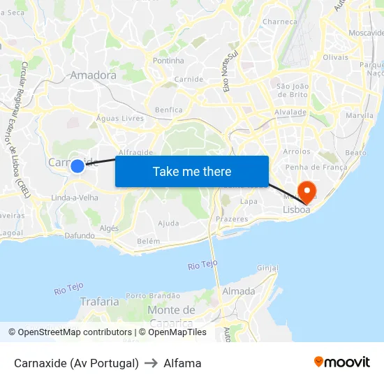 Carnaxide (Av Portugal) to Alfama map