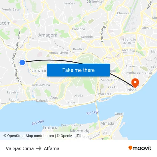 Valejas Cima to Alfama map