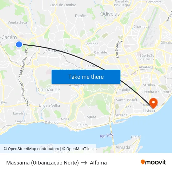 Massamá (Urbanização Norte) to Alfama map