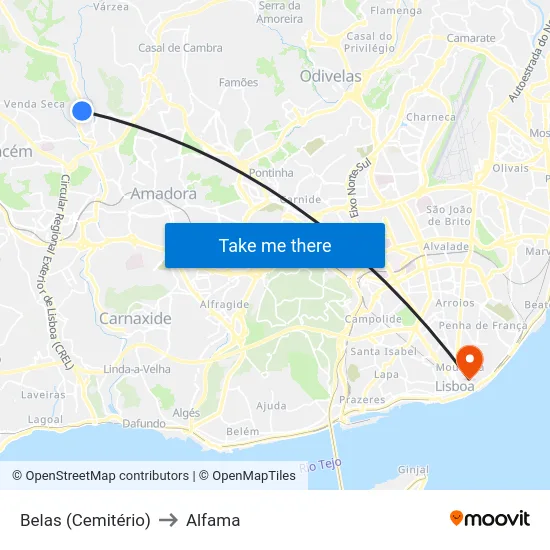 Belas (Cemitério) to Alfama map