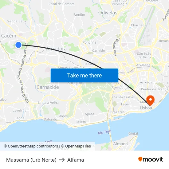 Massamá (Urb Norte) to Alfama map