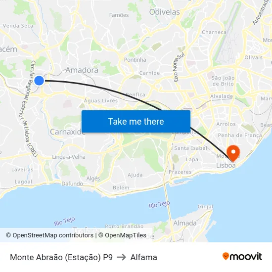 Monte Abraão (Estação) P9 to Alfama map