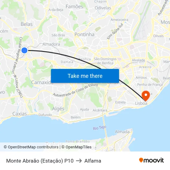 Monte Abraão (Estação) P10 to Alfama map