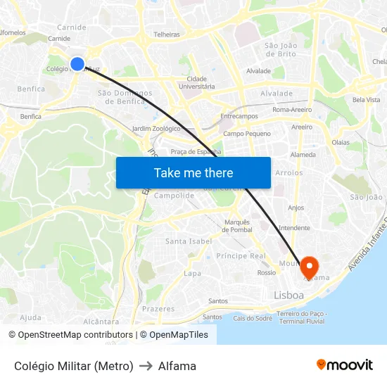 Colégio Militar (Metro) to Alfama map