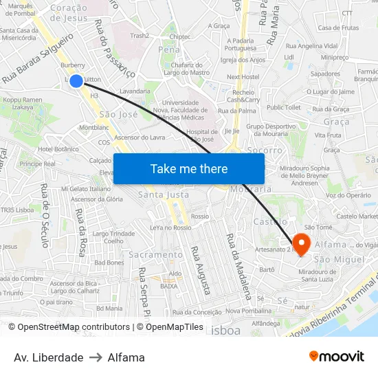 Av. Liberdade to Alfama map