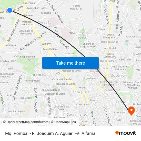 Mq. Pombal - R. Joaquim A. Aguiar to Alfama map