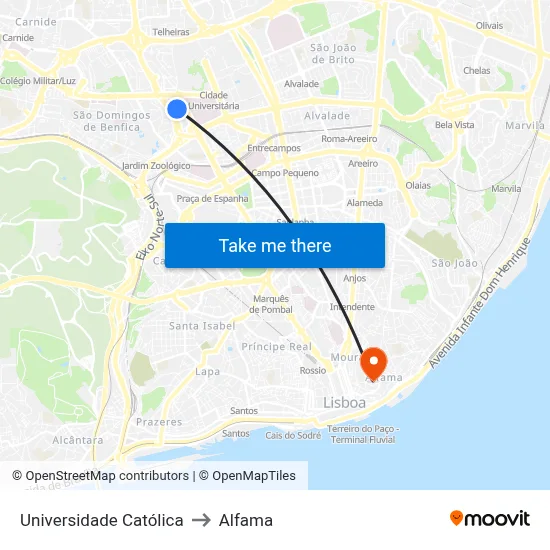 Universidade Católica to Alfama map