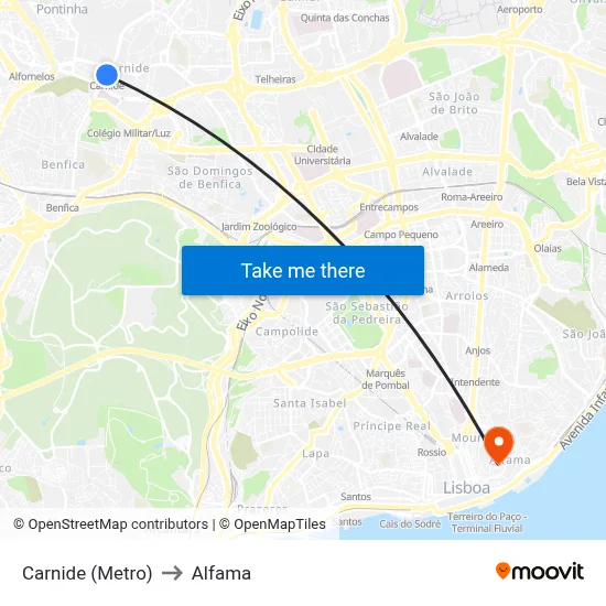 Carnide (Metro) to Alfama map