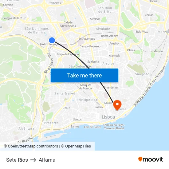 Sete Rios to Alfama map