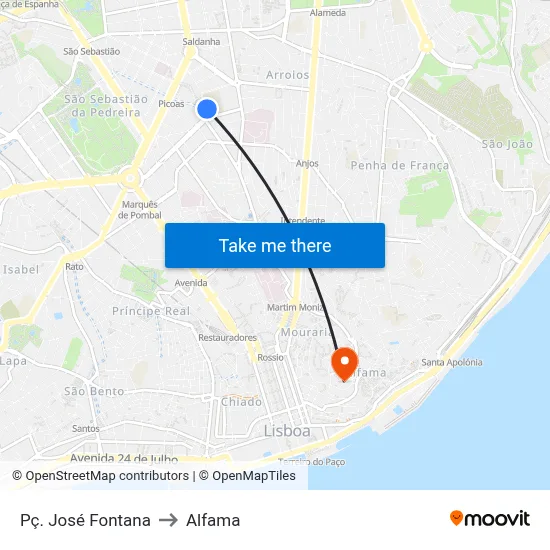 Pç. José Fontana to Alfama map