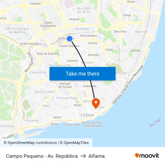 Campo Pequeno - Av. República to Alfama map