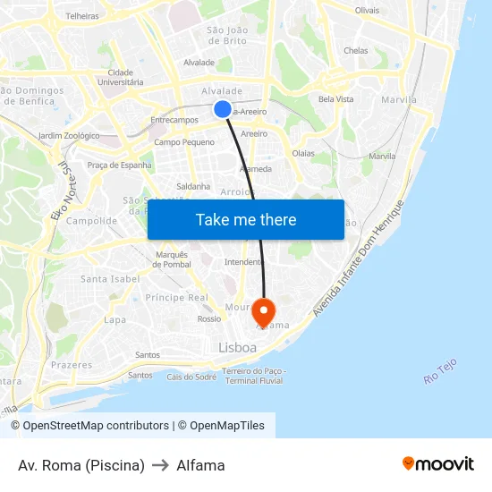 Av. Roma (Piscina) to Alfama map