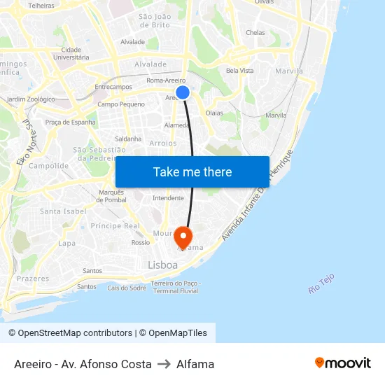 Areeiro - Av. Afonso Costa to Alfama map