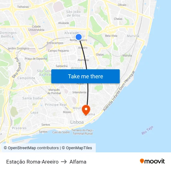 Estação Roma-Areeiro to Alfama map