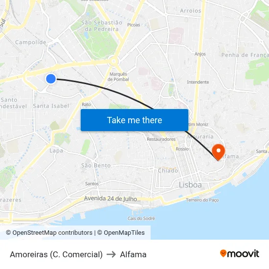 Amoreiras (C. Comercial) to Alfama map