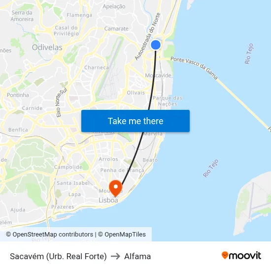 Sacavém (Urb. Real Forte) to Alfama map
